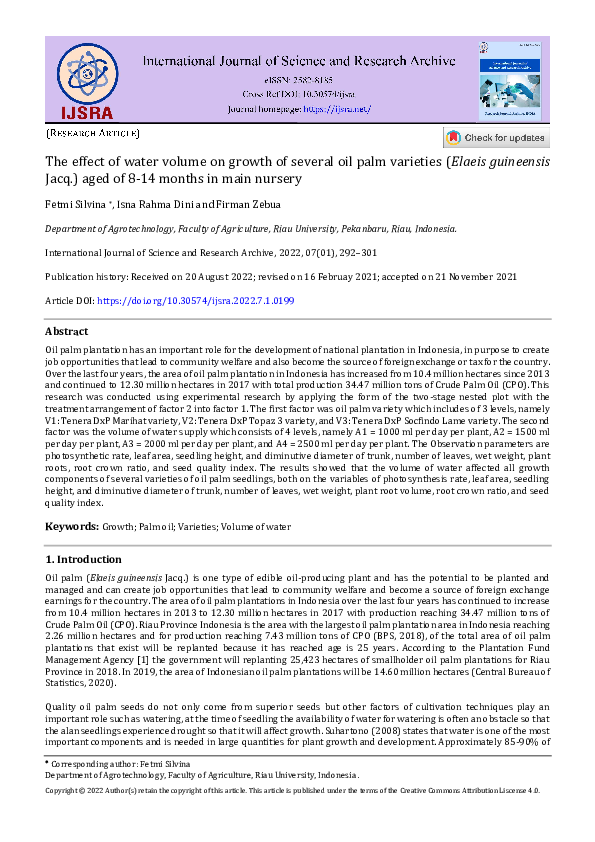 (PDF) The effect of water volume on growth of several oil palm ...