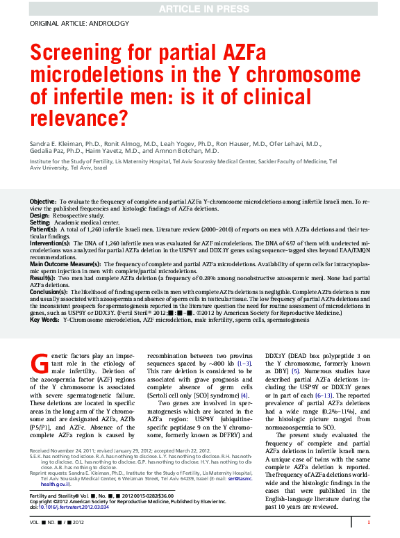 (PDF) Screening for partial AZFa microdeletions in the Y chromosome of ...