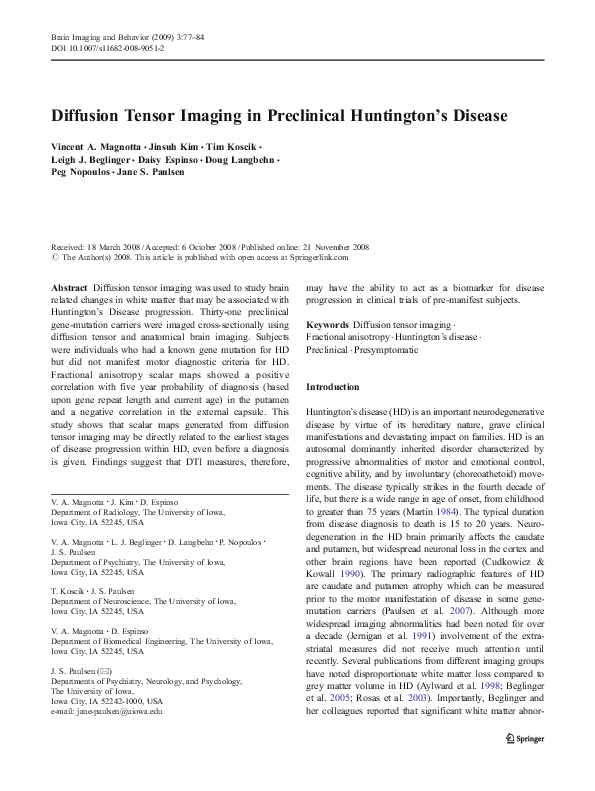 (PDF) Diffusion Tensor Imaging in Preclinical Huntington’s Disease ...