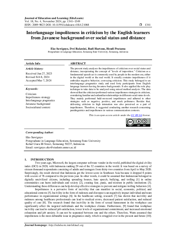 (PDF) Interlanguage impoliteness in criticism by the English learners ...