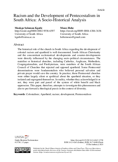 (PDF) Racism and the Development of Pentecostalism in South Africa: A ...