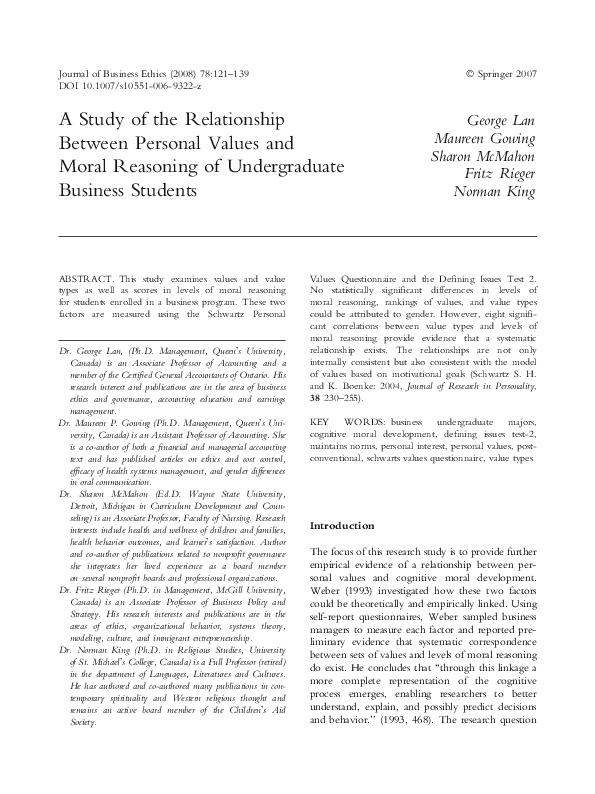 (PDF) A Study of the Relationship Between Personal Values and Moral ...