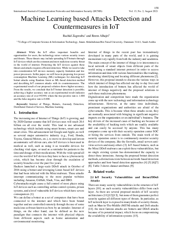 (PDF) Machine Learning based Attacks Detection and Countermeasures in IoT