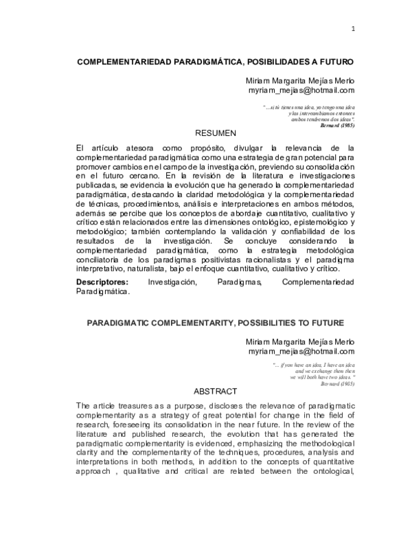 (PDF) COMPLEMENTARIEDAD PARADIGMÁTICA, POSIBILIDADES A FUTURO