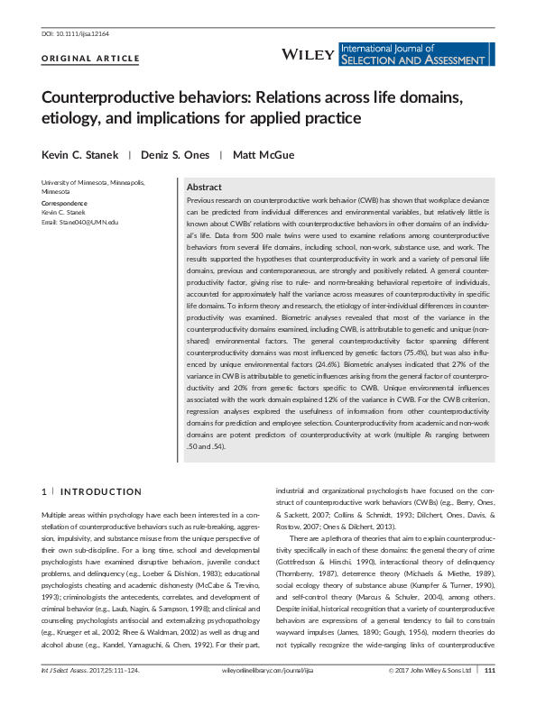 (PDF) Counterproductive behaviors: Relations across life domains ...