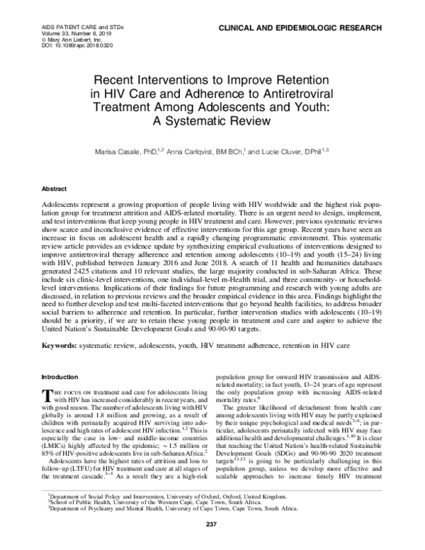 (PDF) Recent Interventions to Improve Retention in HIV Care and ...