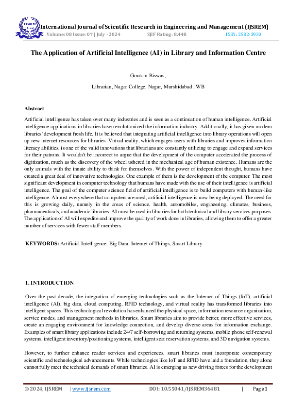 (PDF) The Application of Artificial Intelligence (AI) in Library and ...