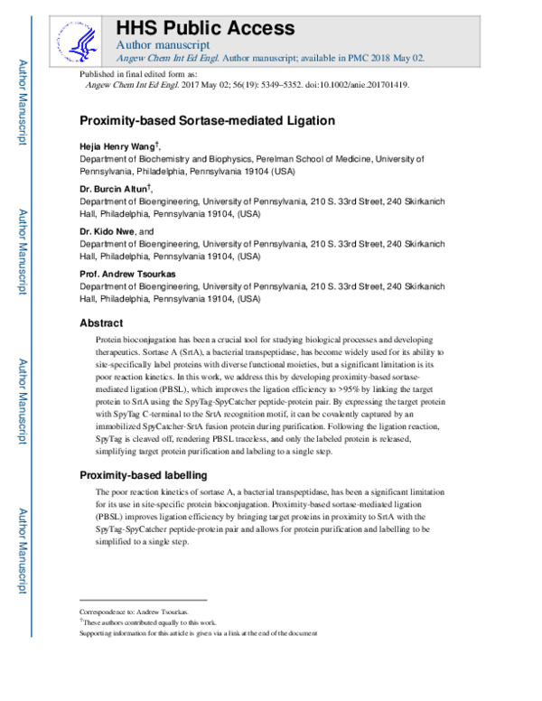 (PDF) Proximity‐Based Sortase‐Mediated Ligation