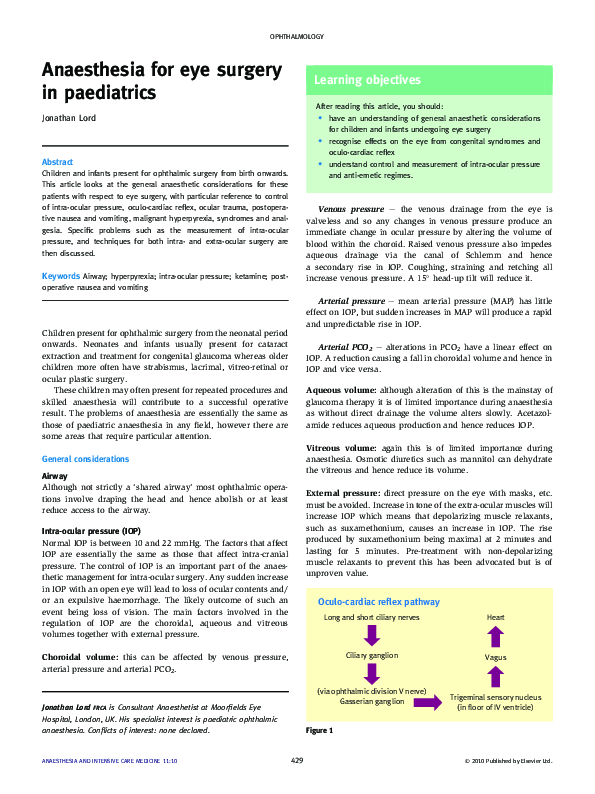 (PDF) Anaesthesia for eye surgery in paediatrics