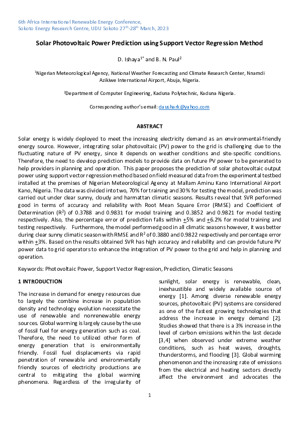 (PDF) Solar Photovoltaic Power Prediction using Support Vector ...