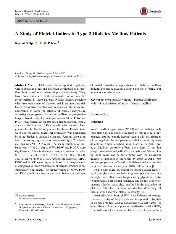 (PDF) A Study of Platelet Indices in Type 2 Diabetes Mellitus Patients ...