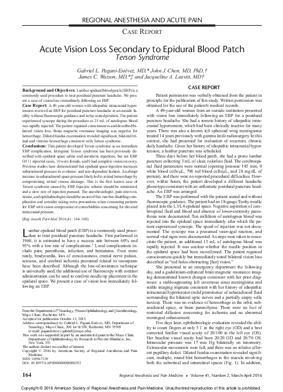 (PDF) Acute Vision Loss Secondary to Epidural Blood Patch: Terson Syndrome