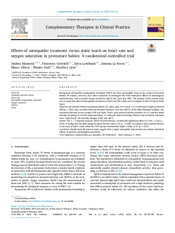 (PDF) Effects of osteopathic treatment versus static touch on heart ...