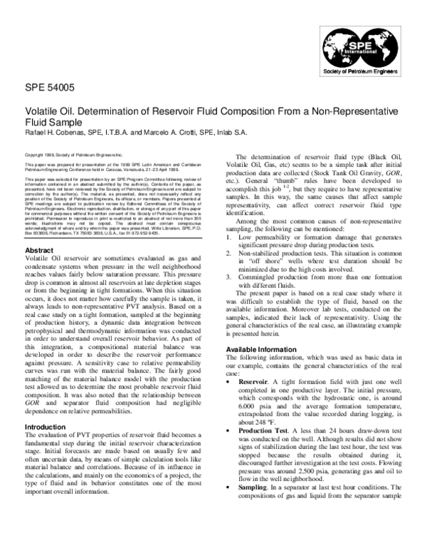 (PDF) Volatile Oil. Determination of Reservoir Fluid Composition From a ...