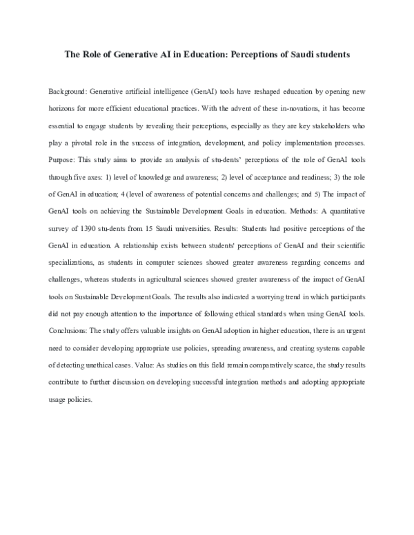 (PDF) The Role of Generative AI in Education: Perceptions of Saudi students