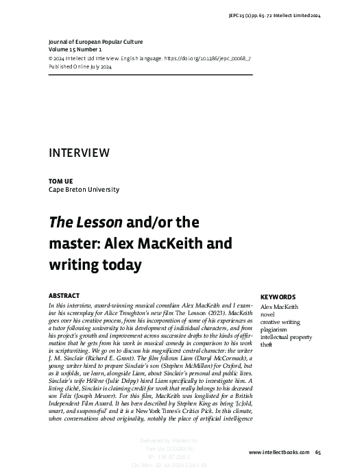 (PDF) The Lesson and/or the Master: Alex MacKeith and Writing Today