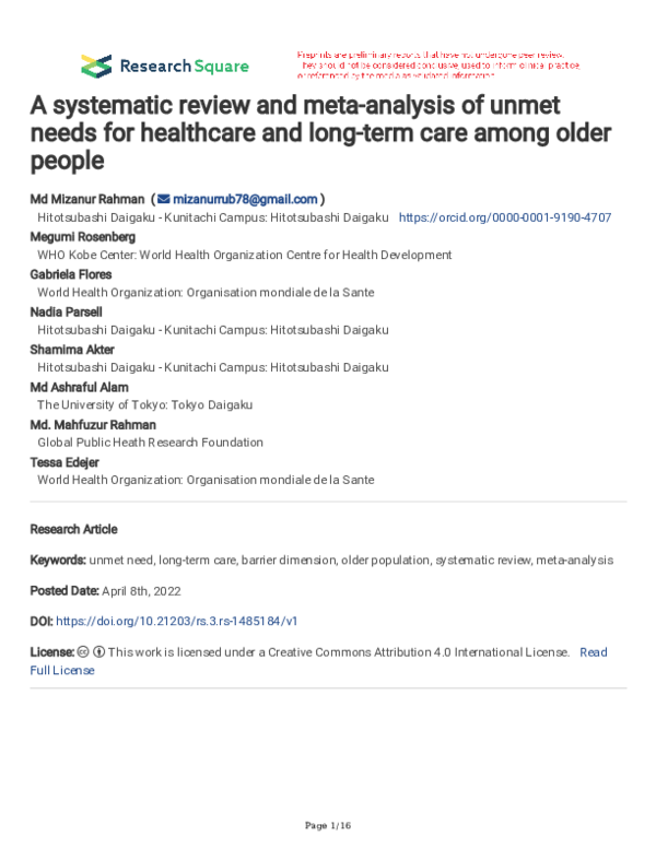 (PDF) A systematic review and meta-analysis of unmet needs for ...