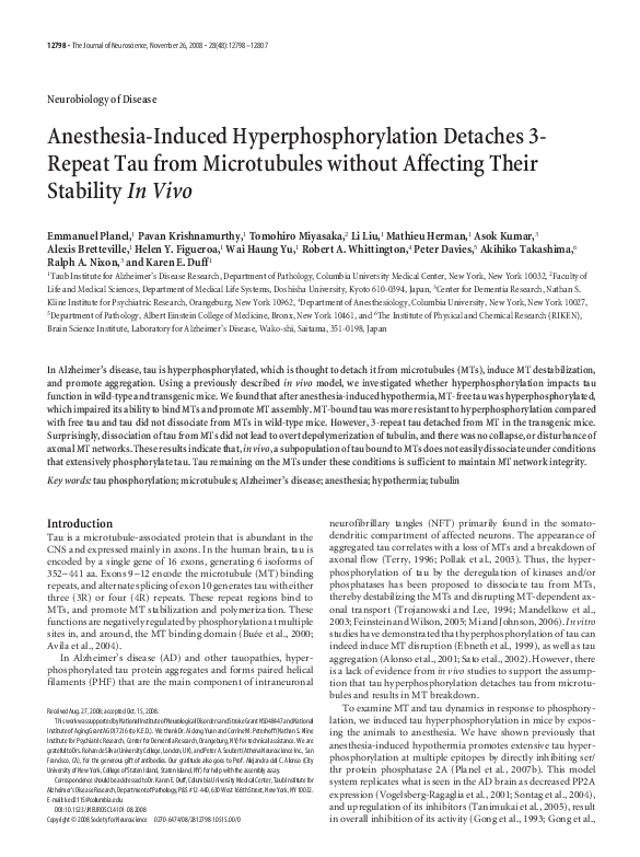 (PDF) Anesthesia-Induced Hyperphosphorylation Detaches 3-Repeat Tau ...