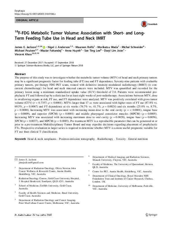 18F-FDG Metabolic Tumor Volume: Association with Short- and Long-Term Feeding Tube Use in Head and Neck IMRT