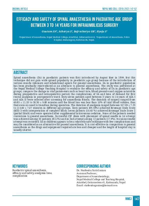 (PDF) Efficacy and Safety of Spinal Anaesthesia in Paediatric Age Group ...