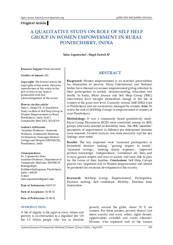 (PDF) A QUALITATIVE STUDY ON ROLE OF SELF HELP GROUP IN WOMEN ...