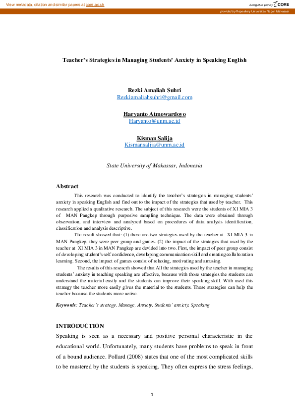 (PDF) Teacher’s Strategies in Managing Students’ Anxiety in Speaking ...