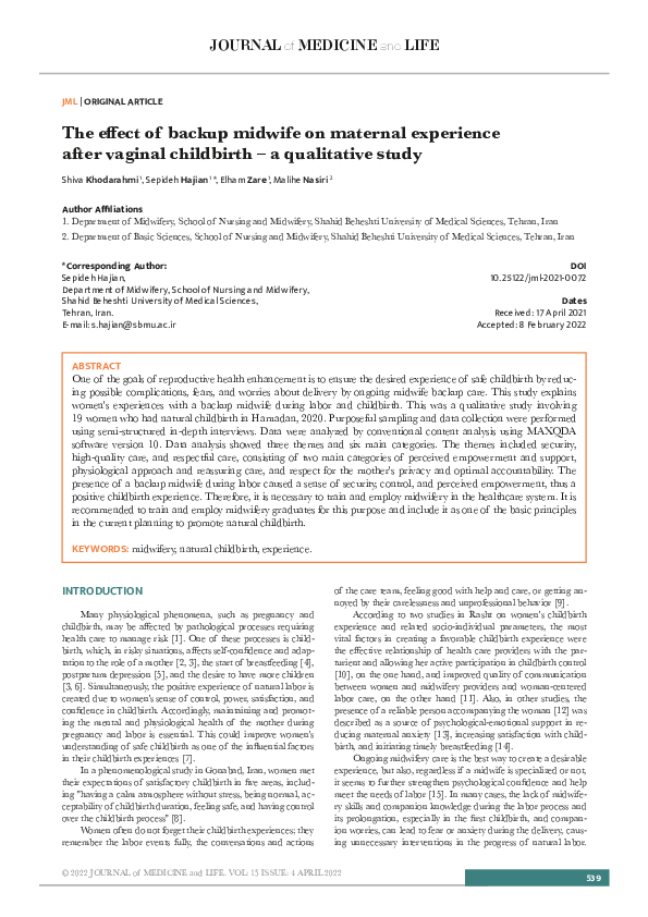 (PDF) The effect of backup midwife on maternal experience after vaginal ...