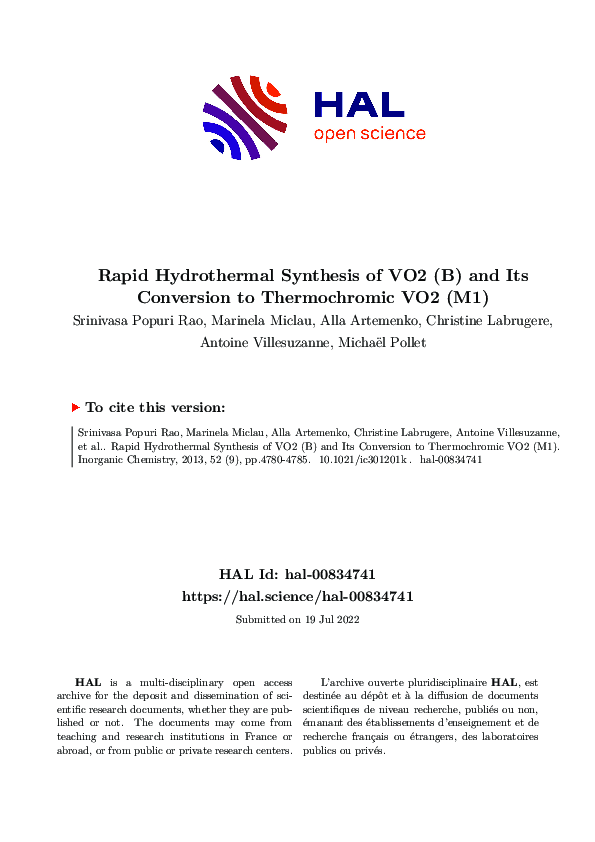 (PDF) Rapid Hydrothermal Synthesis of VO2 (B) and Its Conversion to ...