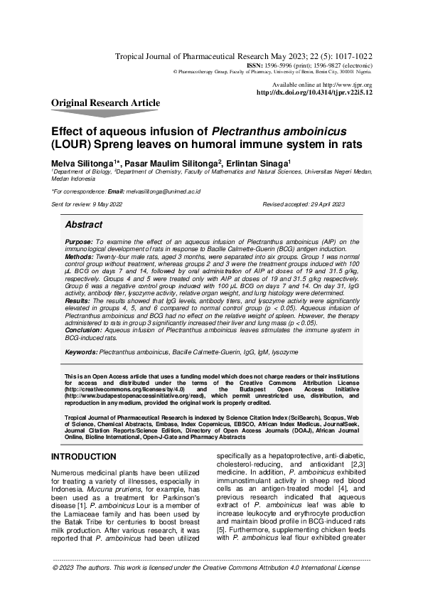 (PDF) Effect of aqueous infusion of Plectranthus amboinicus (LOUR ...