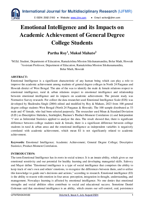 (PDF) Emotional Intelligence and its Impacts on Academic Achievement of ...