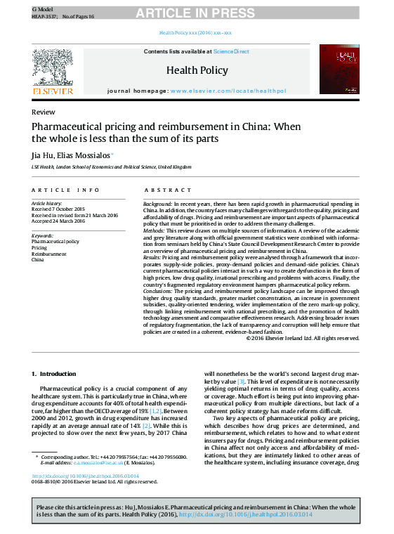 (PDF) Pharmaceutical pricing and reimbursement in China: When the whole ...