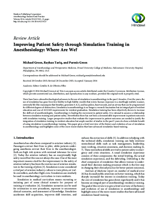 (PDF) Improving Patient Safety through Simulation Training in ...