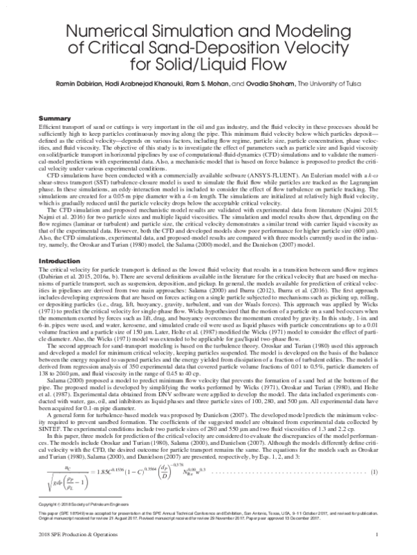  pdf numerical simulation and modeling of critical sand deposition