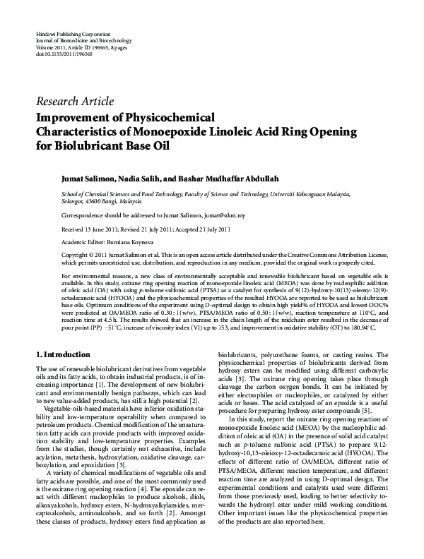 Improvement of Physicochemical Characteristics of Monoepoxide Linoleic Acid Ring Opening for Biolubricant Base Oil