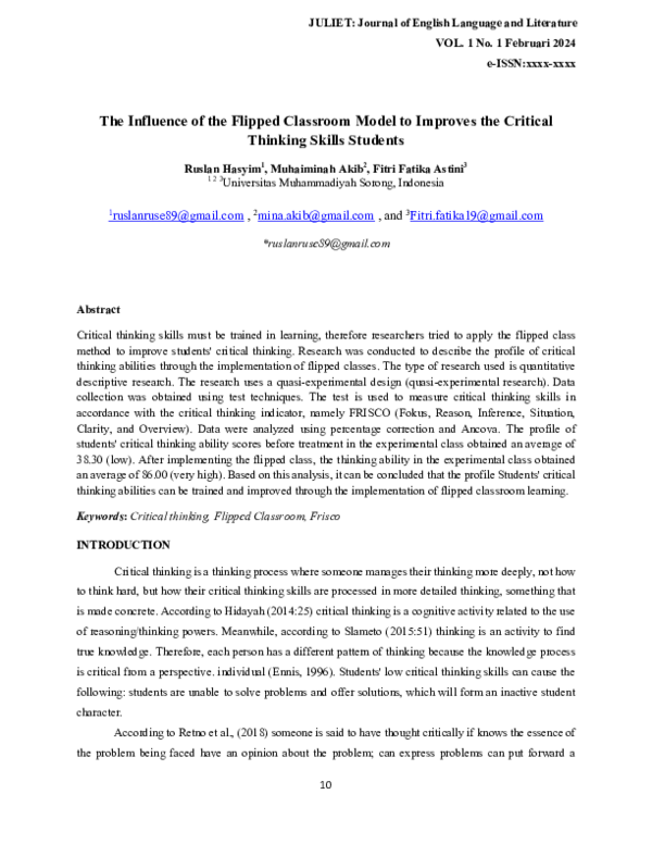 (PDF) The Influence of the Flipped Classroom Model to Improves the ...