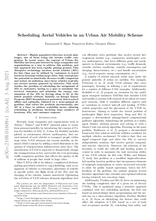 (PDF) Scheduling Aerial Vehicles in an Urban Air Mobility Scheme