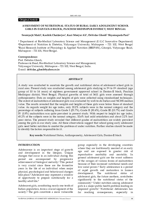 (PDF) ASSESSMENT OF NUTRITIONAL STATUS OF RURAL EARLY ADOLESCENT SCHOOL ...