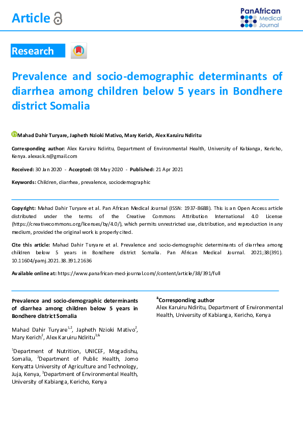 (PDF) Prevalence and socio-demographic determinants of diarrhea among ...