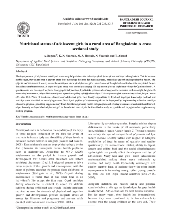 (PDF) Nutritional status of adolescent girls in a rural area of ...