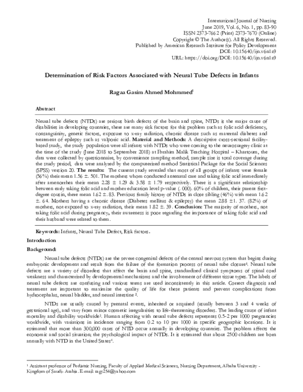 (PDF) Determination of Risk Factors Associated with Neural Tube Defects ...