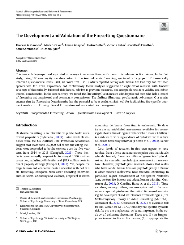 (PDF) The Development and Validation of the Firesetting Questionnaire