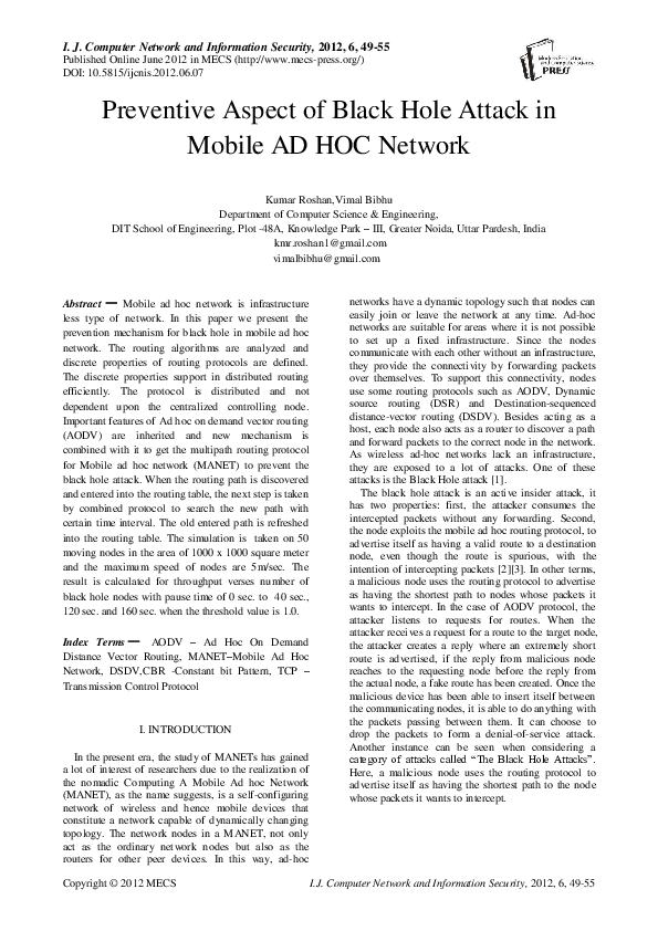 (PDF) Preventive Aspect of Black Hole Attack in Mobile AD HOC Network