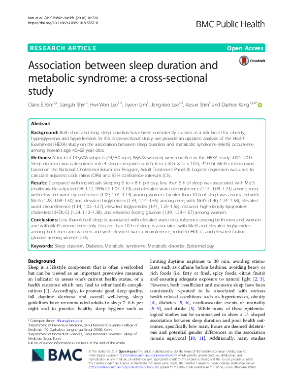 (PDF) Association between sleep duration and metabolic syndrome: a ...