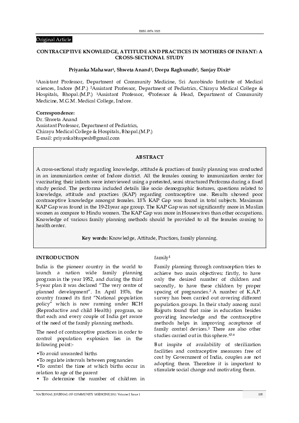(PDF) CONTRACEPTIVE KNOWLEDGE, ATTITUDE AND PRACTICES IN MOTHERS OF ...