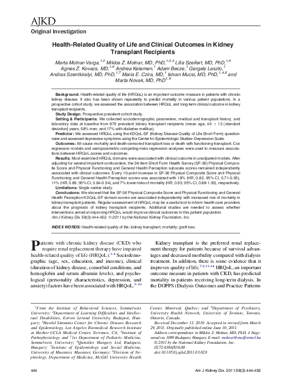 (PDF) Health-Related Quality of Life and Clinical Outcomes in Kidney ...