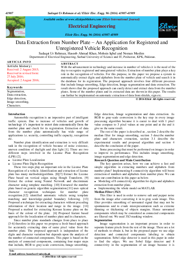 (PDF) Data Extraction from Number Plate – An Application for Registered ...