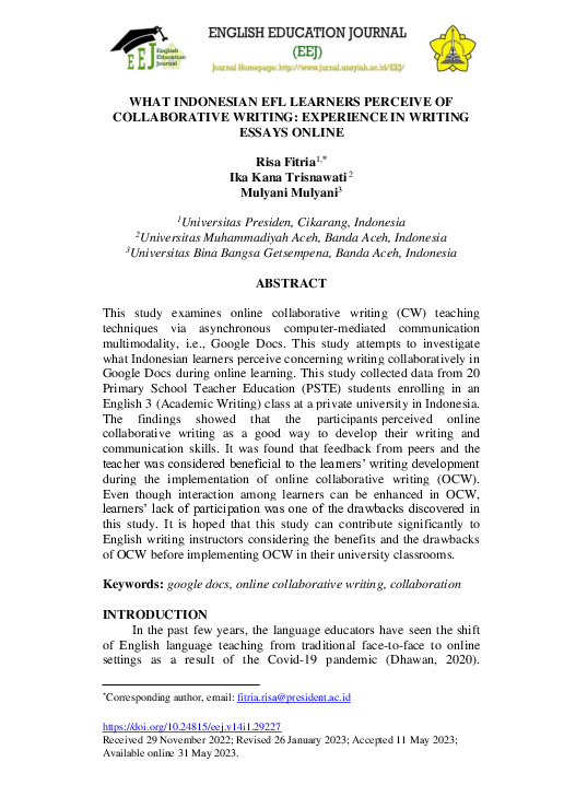 (PDF) What Indonesian EFL Learners Perceive of Collaborative Writing ...