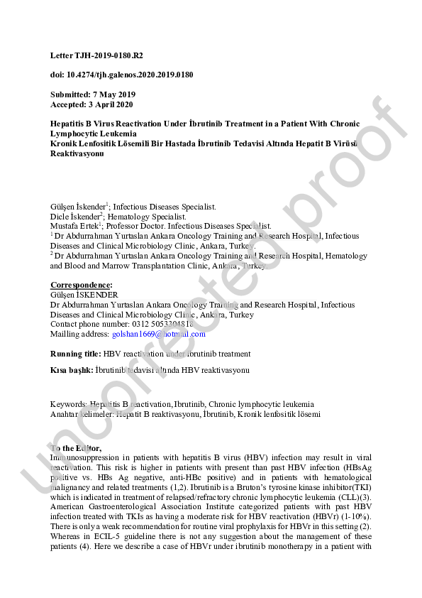 (PDF) Hepatitis B Virus Reactivation Under İbrutinib Treatment in a ...