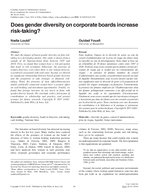 (PDF) Does gender diversity on corporate boards increase risk‐taking?