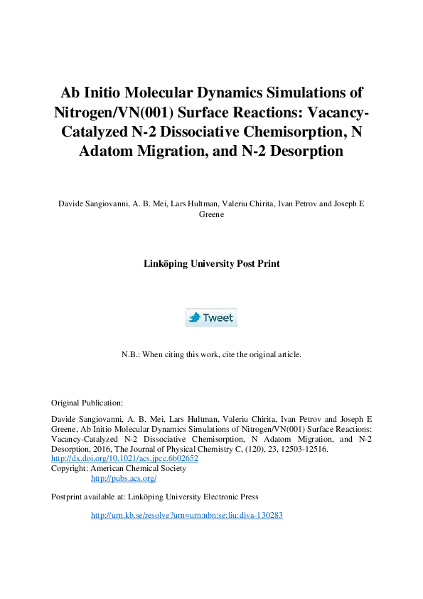 (PDF) Ab Initio Molecular Dynamics Simulations of Nitrogen/VN(001 ...